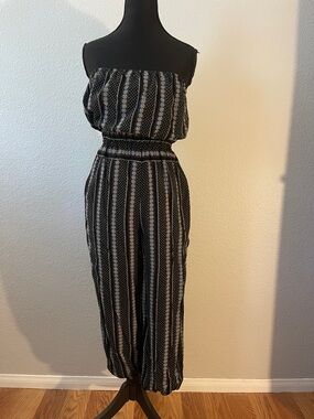 Lulu's Black and White Striped Strapless Jumpsuit